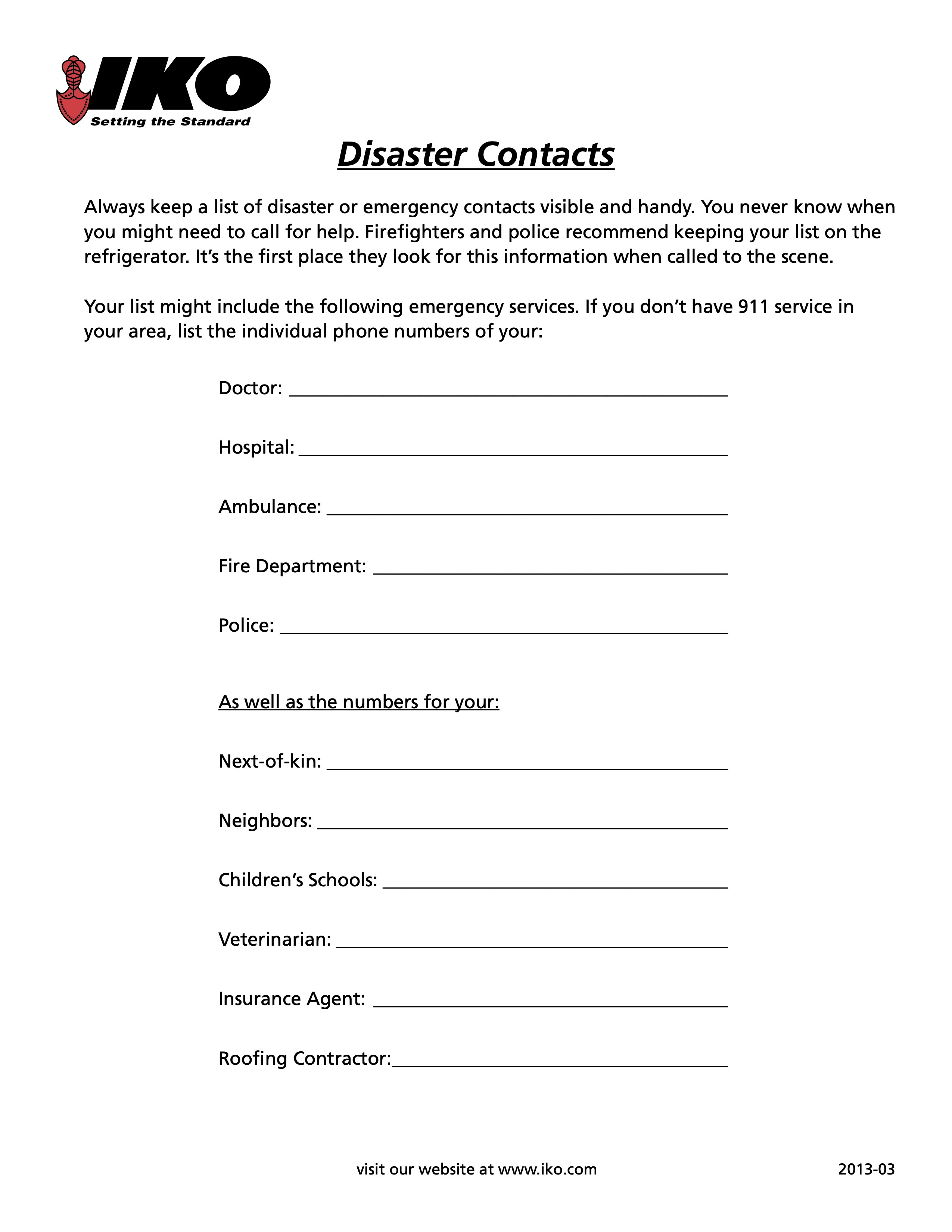 Disaster Contacts Checklist